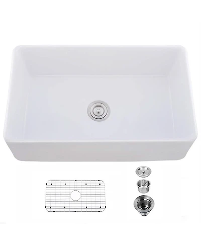 Flynama White Ceramic Farmhouse Kitchen Sink, Single Basin, Apron Front, Heat & Stain Resistant with Basket Strainer, 33" x 20" x 10"