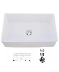 Flynama White Ceramic Farmhouse Kitchen Sink, Single Basin, Apron Front, Heat & Stain Resistant with Basket Strainer, 33" x 20" x 10"