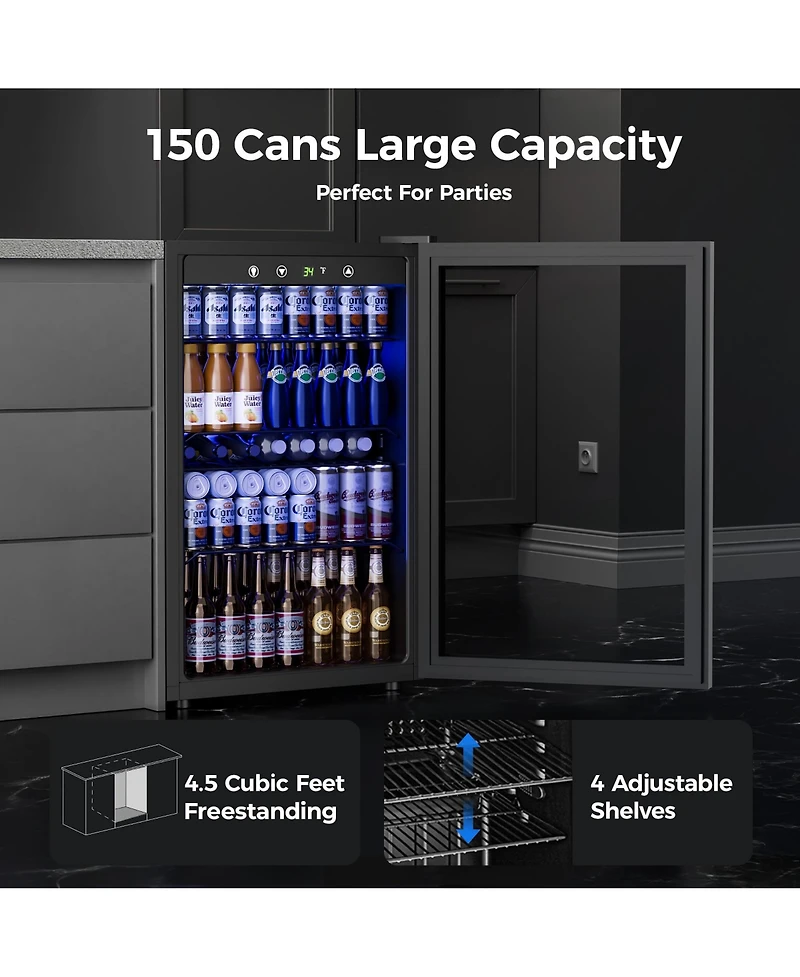 Euhomy 20-in 150-Can Capacity Sliver Freestanding Beverage Refrigerator with Reversible Door and Adjustable Shelves
