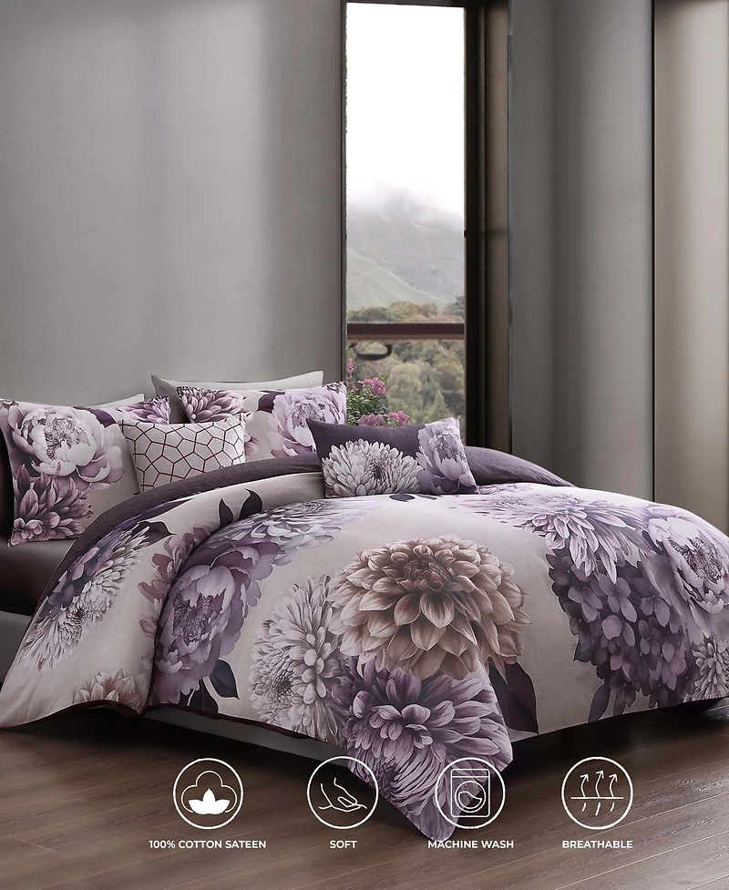 Bebejan Dahlia Bedding 100% Cotton Sateen 5 Piece Queen Size Reversible Comforter Set