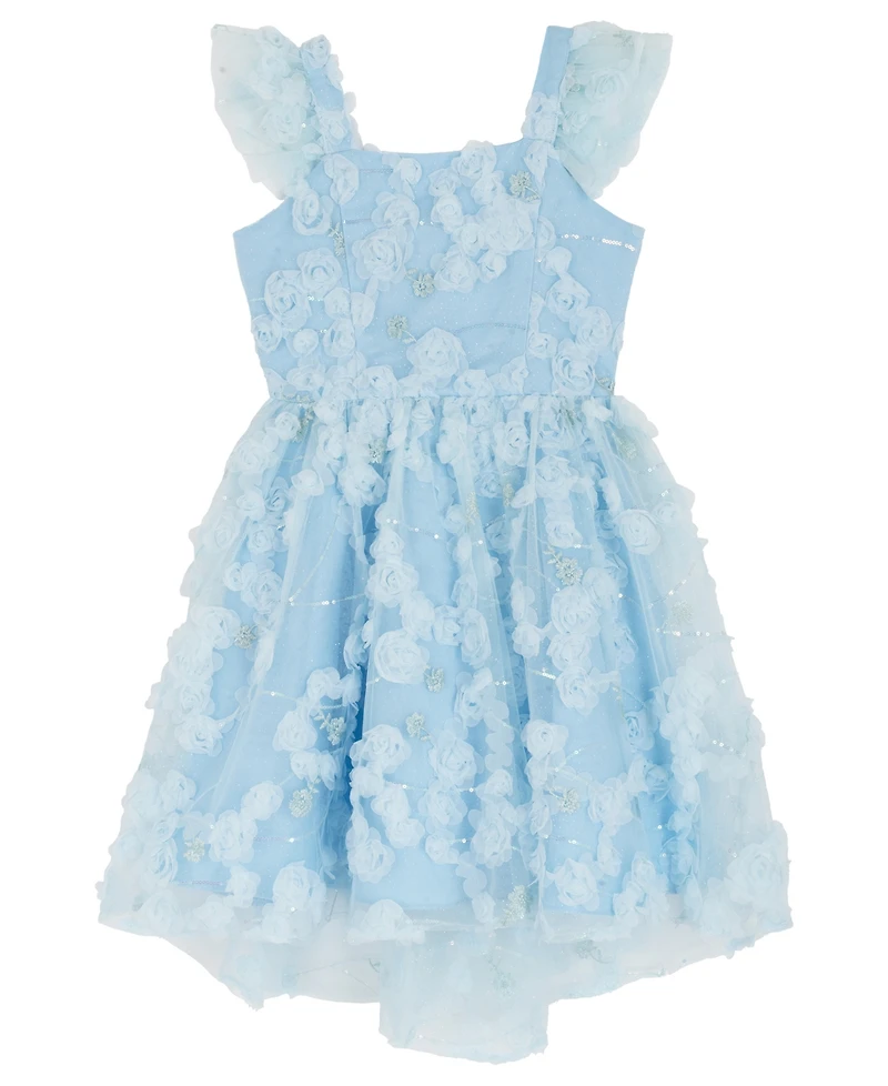 Rare Editions Girls' 7-16 Blue Floral Soutache Flutter Strap Dress