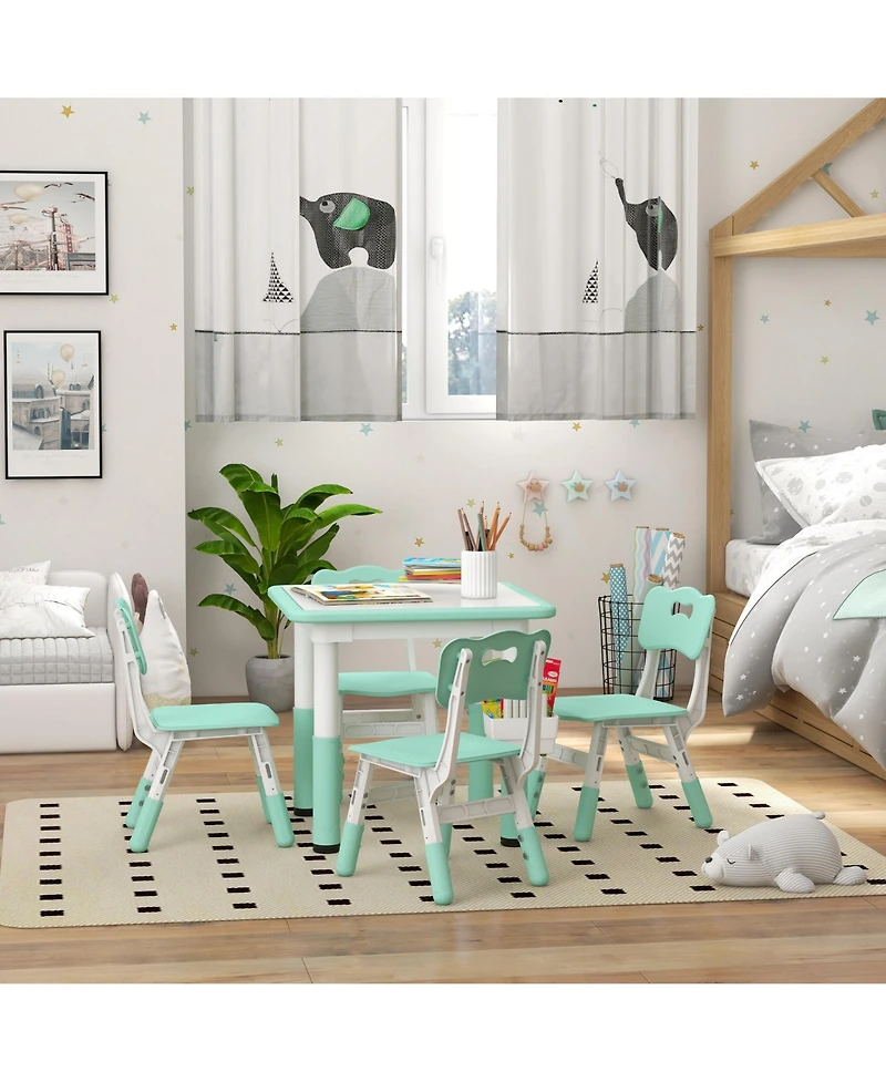 Jujabu Kids Table and Chair Set Height Adjustable 5 Piece Toddler Table Set with Storage Box Easy Clean Activity Table with 4 Chairs for 18M 5Y Green
