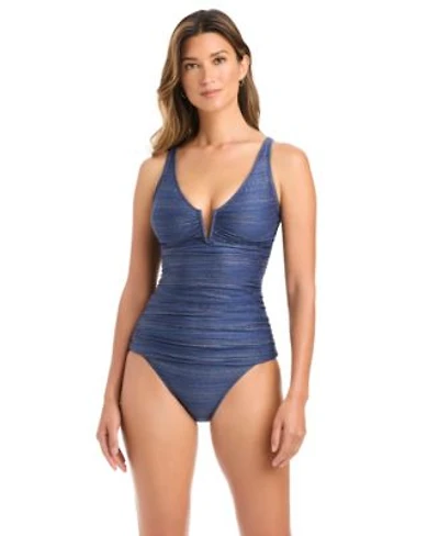 Draft Bleu By Rod Beattie Womens Shimmer V Neck Tankini Top Ruched Hipster Bottoms