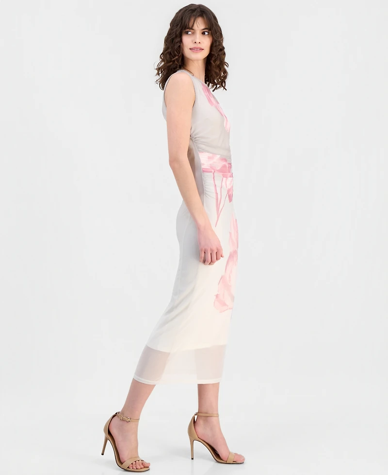 Anne Klein Women's Mesh Floral-Print Ruched-Waist Midi Dress