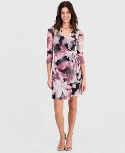 Anne Klein Womens Floral Printed Faux Wrap Dress