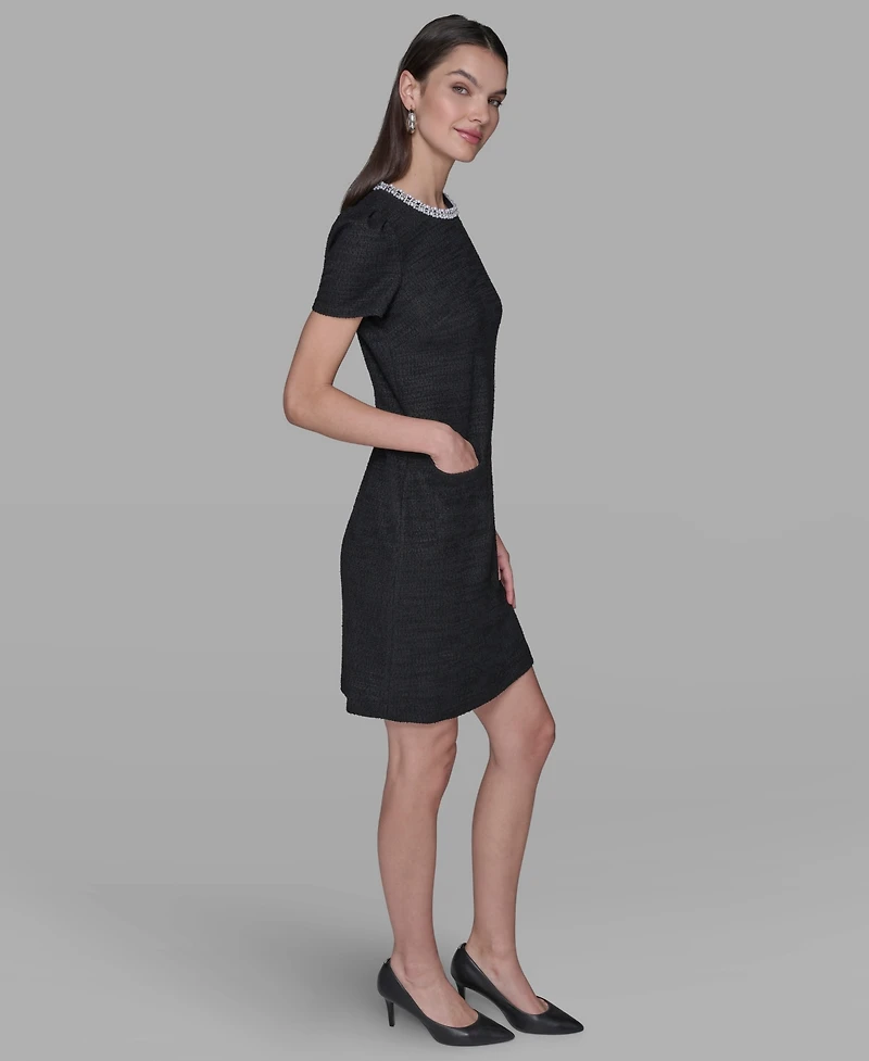 Knit Tweed Shift Dress with Crew Neckline Pearl Trim