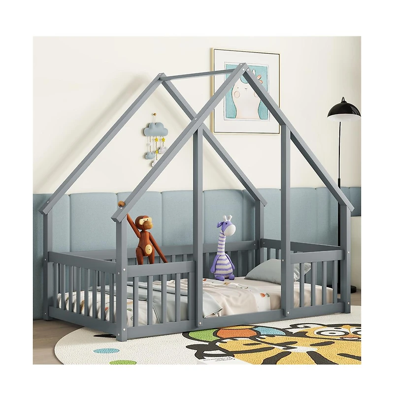 Cesicia Twin Wood House-Shaped Floor Bed with Safety Fence & Roof Frame Kids for Bedroom Playroom