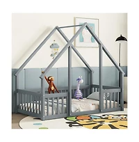 Cesicia Twin Wood House-Shaped Floor Bed with Safety Fence & Roof Frame Kids for Bedroom Playroom