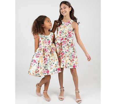 Rare Editions Girls' 2T-6X Floral Mikado Bow Hi-Lo Dress