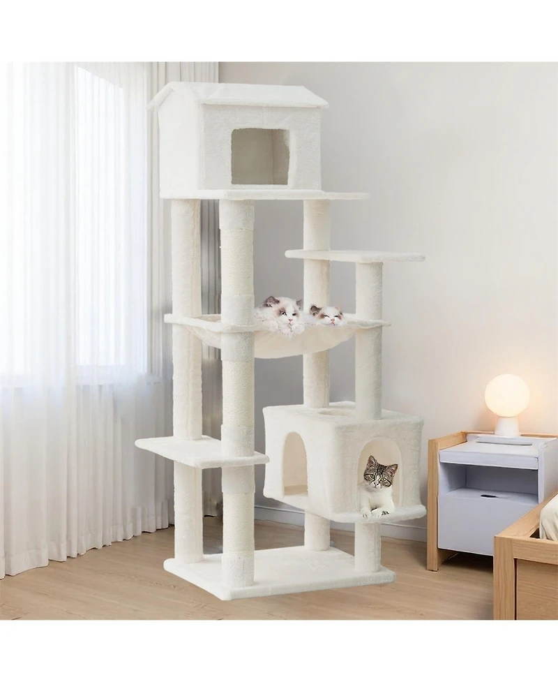 Aostirmotor 64'' Cat Tree with Unique Cat House, Hammock, Scratching Posts in Beige