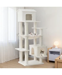 Aostirmotor 64'' Cat Tree with Unique Cat House, Hammock, Scratching Posts in Beige
