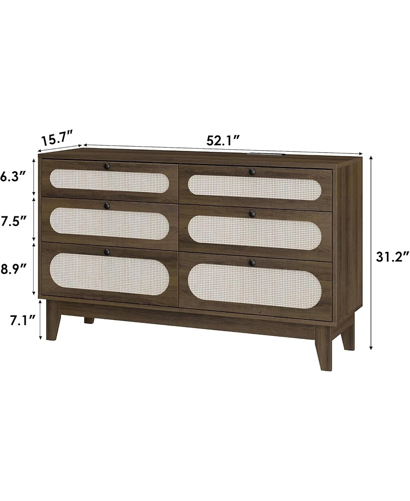 gaomon 52.1 Inch 6 Drawer Rattan Wood Dresser with Charging Station, Different Capacity Drawers, Bedroom, Dark Brown