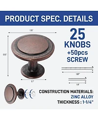 Lifemaster 25pcs 1-1/4″ Oil Rubbed Bronze Cabinet Knobs, Rust-Proof Zinc Alloy Handles, Modern Design with Short & Adjustable Screws