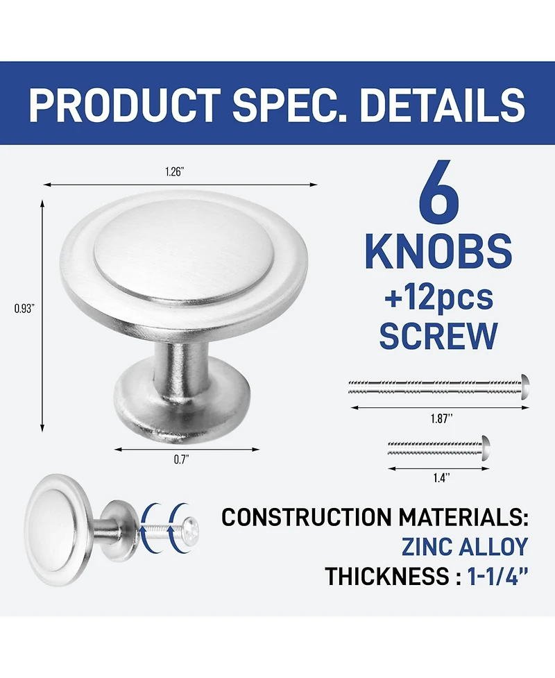 Lifemaster 6pcs 1-1/4" Kitchen Cabinet Knobs - Rust-Proof, Brushed Nickel Finish, Modern Design, Strong Zinc Alloy