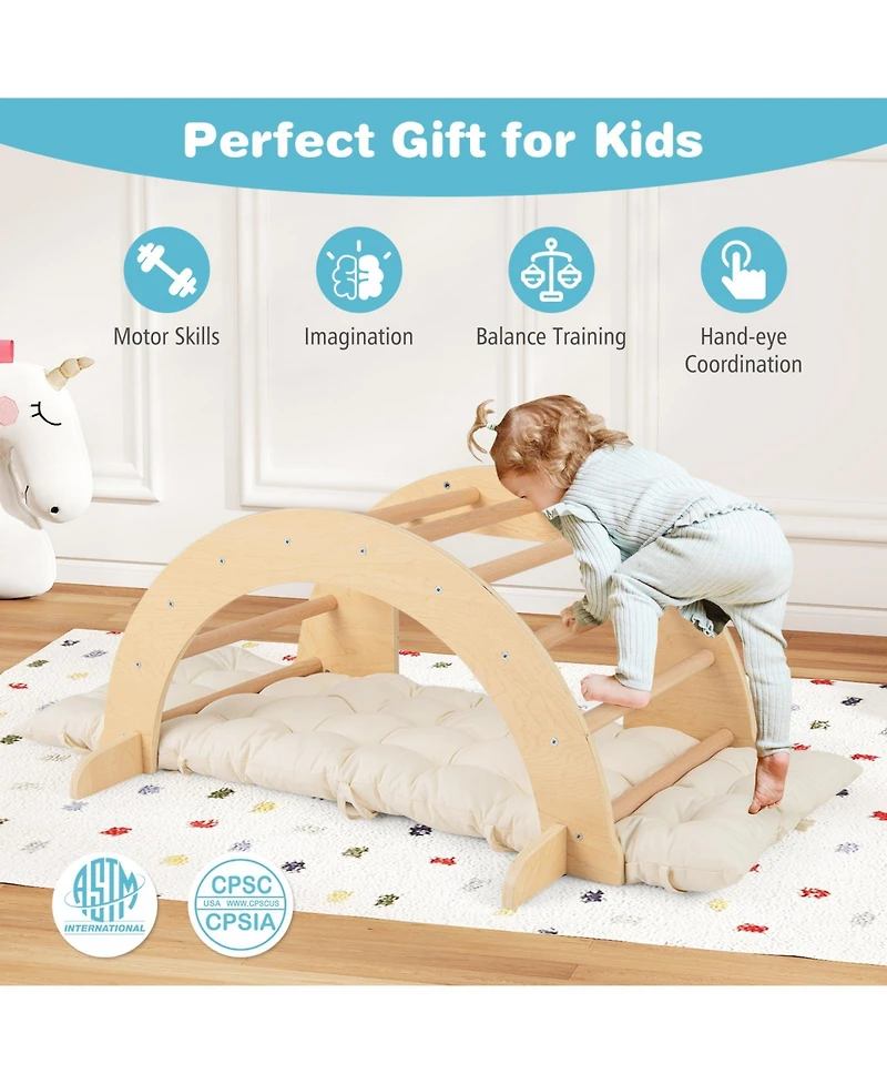 Hongge 6 in 1 Wooden Kids Climbing Arch Playset with Rocker Ladder Sensory Table and Cushion