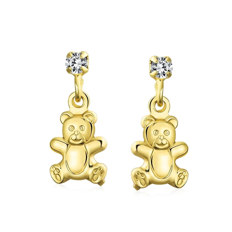 Bling Jewelry Whimsical Playful Animal Teddy Bear Dangling Stud Earrings Cz Plated Brass