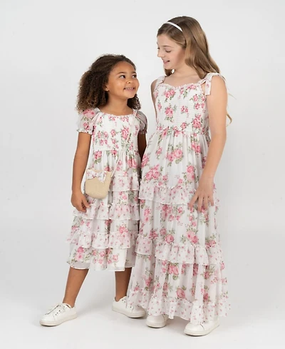 Rare Editions Girls' 2T-6X Twin Print Floral Chiffon Smocked Puff Sleeve Dress