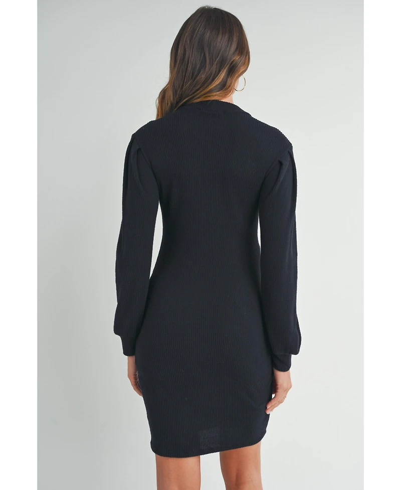 Hello Miz Maternity Ribbed Mock Neck Puff Long Sleeve Dress