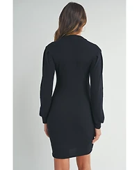 Hello Miz Maternity Ribbed Mock Neck Puff Long Sleeve Dress