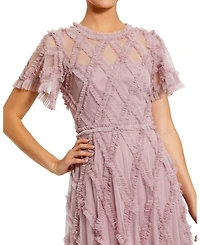 Mac Duggal Women's Mesh High Neck Short Sleeve Ruffle Maxi Dress