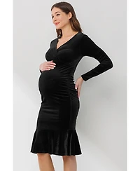 Hello Miz Maternity Velvet V Neck Long Sleeve Ruched Dress