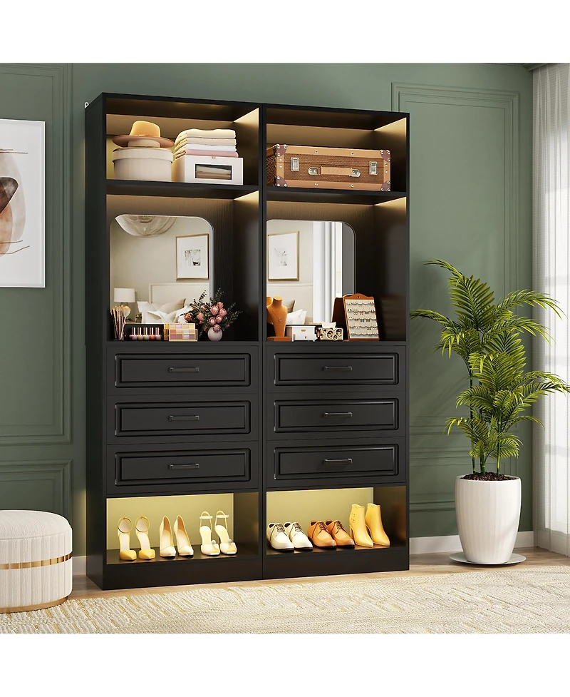 Aheaplus Mdf, Metal, Glass Freestanding Closet System with 3 Drawers, 25'' Drawer Organizer Mirror and Storage Shelves