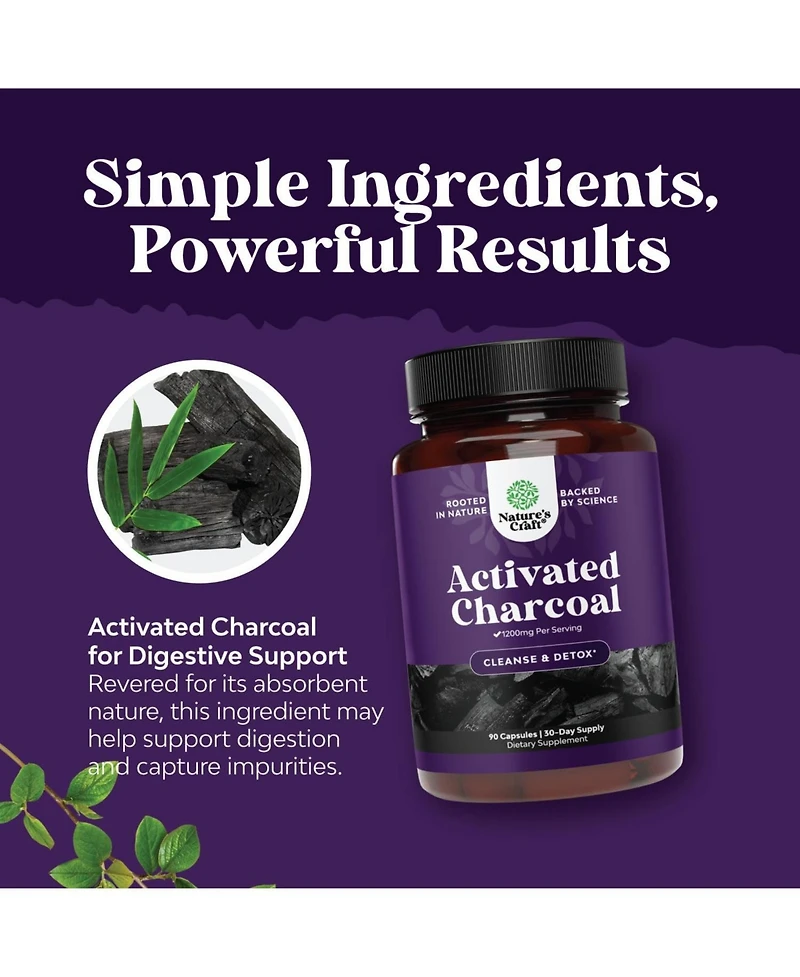 Nature's Craft Cleanse and Detox Activated Charcoal Capsules, Purifying Detox Pills for Bloating Relief and Body Detox Cleanse, Nature's Craft, 90ct