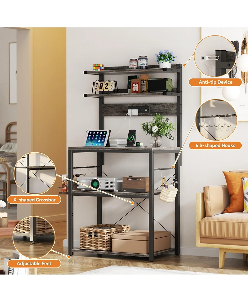 Aheaplus 23.6'' Wide Mdf/Metat Small Microwave Stand 5-Tier Bakers Rack with Power Outlet and Led Light