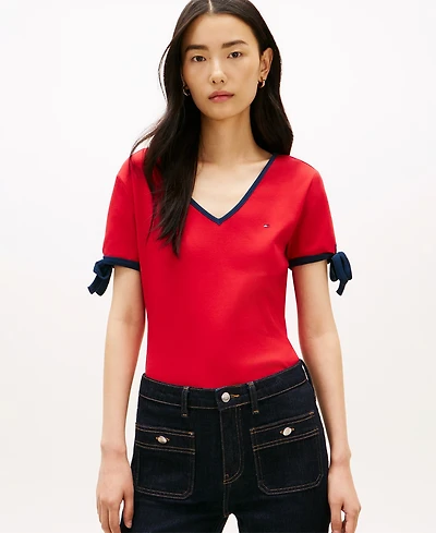 Tommy Hilfiger Women's Bow Detail V-Neck T-Shirt
