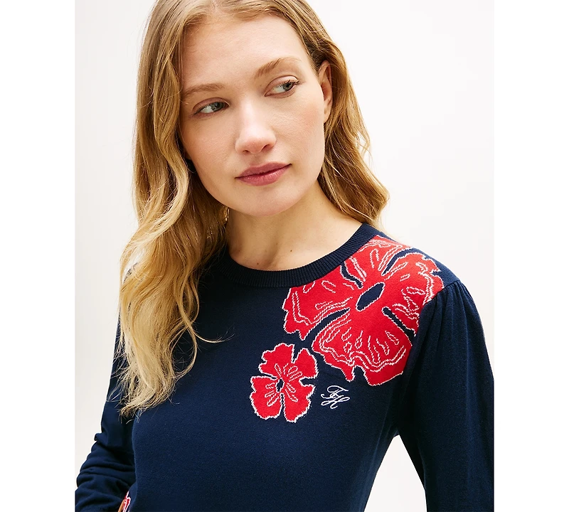 Tommy Hilfiger Women's Jacquard All-Over Floral Print Crewneck Sweater