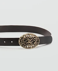 Mango Women's Engraved Buckle Leather Belt