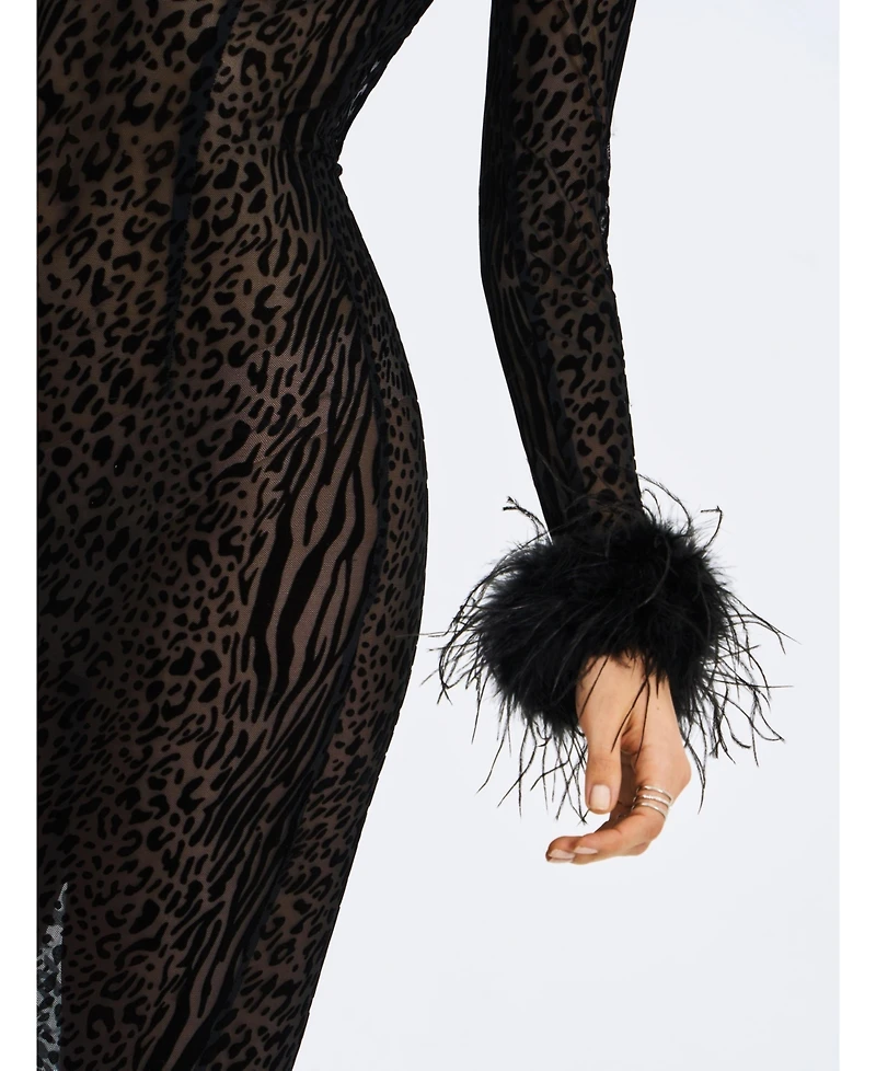 Miss Circle Women's Patricia Black Leopard Burnout Velvet Mesh Backless Maxi Dress