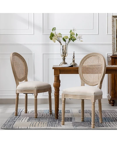 Boyel Living French Style Solid Wood Frame Linen Fabric Rattan Back Dining Chair,Set of 2,Cream