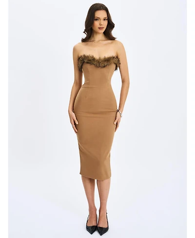 Miss Circle Women's Rayanne Chestnut Strapless Fur-Trimmed Sweetheart Maxi Dress