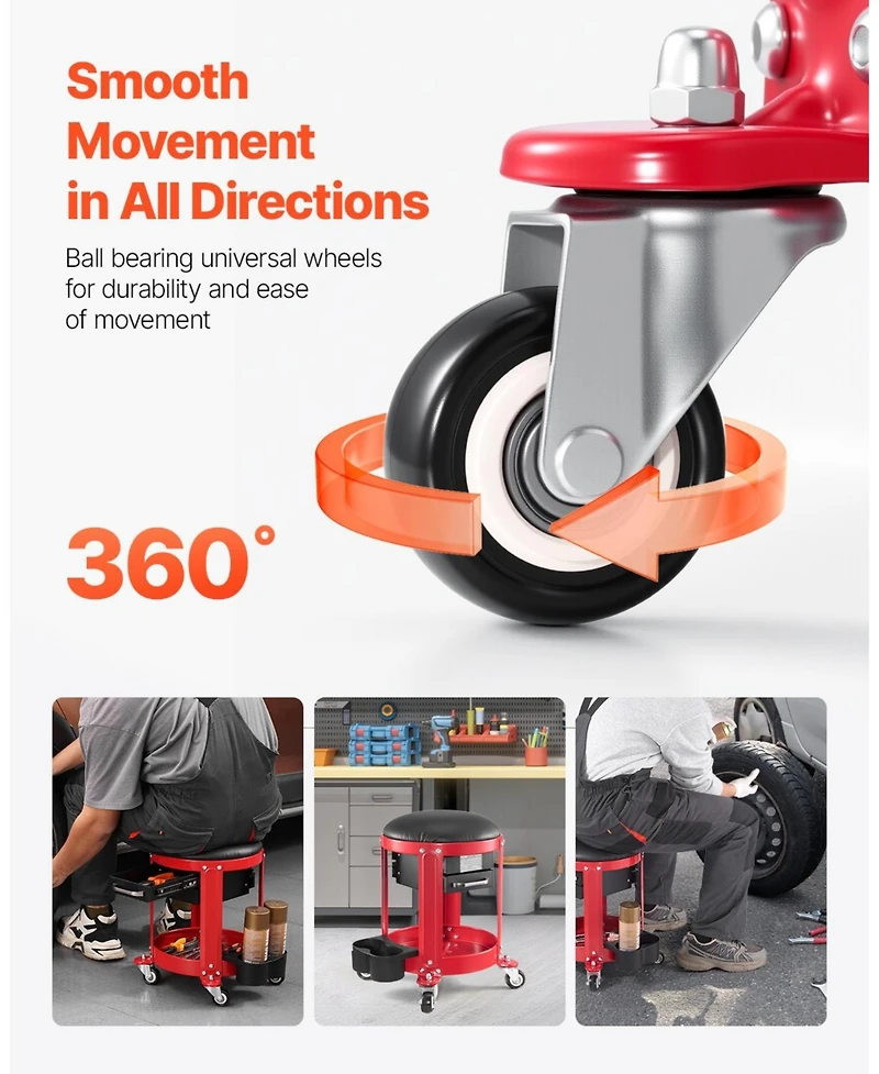 Mecale Rolling Mechanic Stool, 300-Lb Capacity, Fixed-Height Padded Seat w/ Tool Tray & 2 Drawers, Red/Black