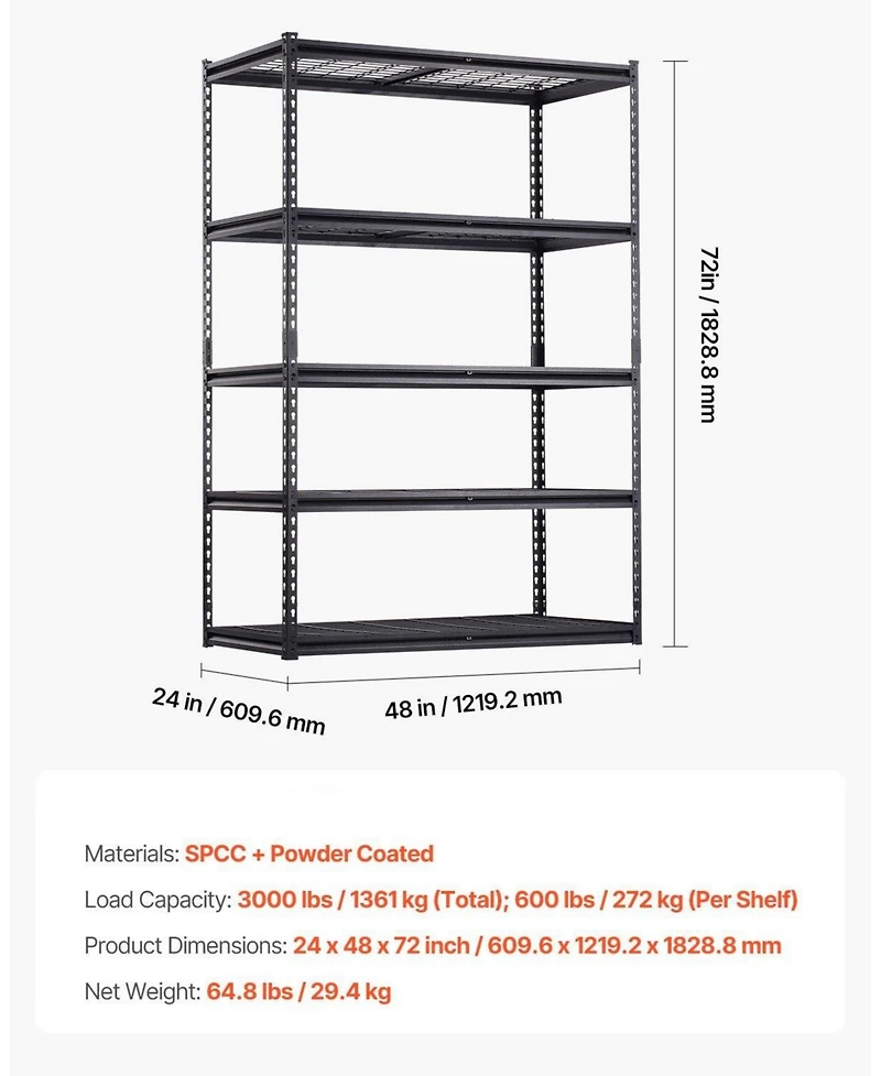 Mecale 5-Tier Storage Shelves, 3000-Lb Capacity, 24"D x 48"W x 72"H, Adjustable Heavy-Duty Utility Rack, Black