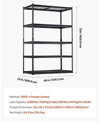 Mecale 5-Tier Storage Shelves, 3000-Lb Capacity, 24"D x 48"W x 72"H, Adjustable Heavy-Duty Utility Rack, Black