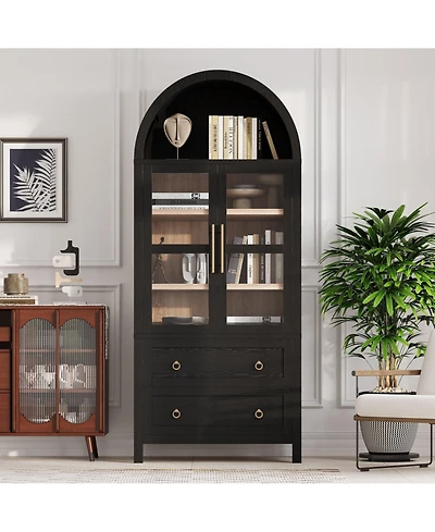 Boyel Living 71" Tall Arched Kitchen Pantry Cabinet with 2 Large Drawers, Adjustable Shelves, Glass Door, Wood Versatile Cupboard