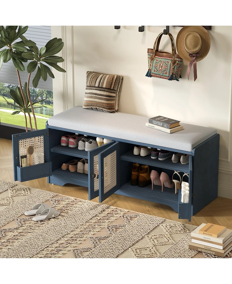 Boyel Living Rustic Wood Entryway Shoe Bench with Cushion and Adjustable Shelves