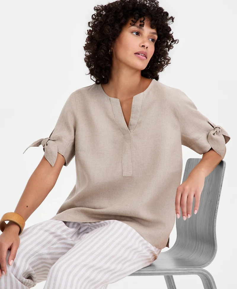 Charter Club Women's 100% Linen Split-Neck Tie-Cuff Top, Created for Macy's