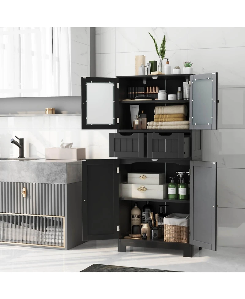 Bathroom Floor Storage Cabinet Kitchen Cupboard with 2 Drawers & Glass Doors
