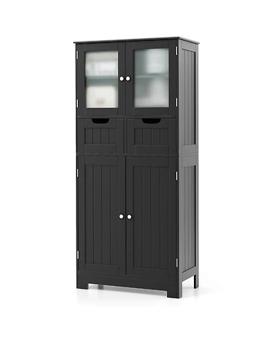 Bathroom Floor Storage Cabinet Kitchen Cupboard with 2 Drawers & Glass Doors