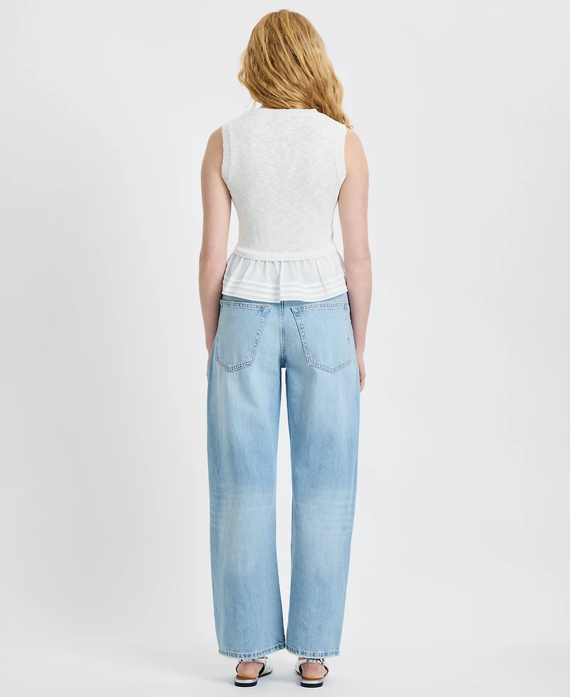 French Connection Women's Pascale Round Neck Mixed Media Poplin Top