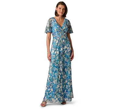 Adrianna Papell Women's V-Neck Foil Crinkle Ball Gown