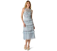 Adrianna Papell Women's Beaded Halter Neck Ruffle Midi Dress