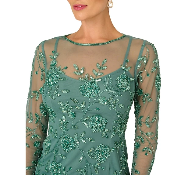 beach dresses for plus size Beaded Ankle Length Dress With Sheer Flutter Sleeves In Moonscape