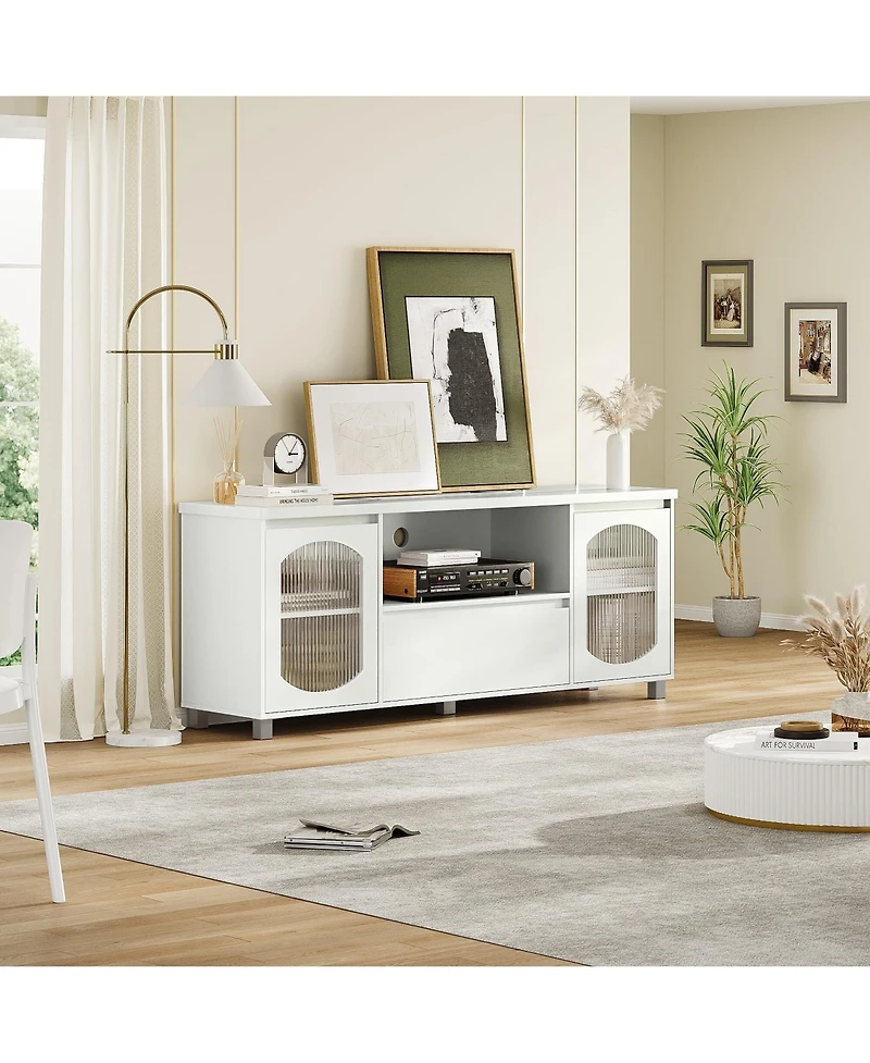 gaomon Modern Tv Stand for 65 Inch Tv, Tv Cabinet with Fluted Glass Door and Open Shelve, Tv Console with Storage Cabinets and Drawer