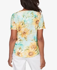 Alfred Dunner Petite Sunflower Split Neck Side Ruched Top