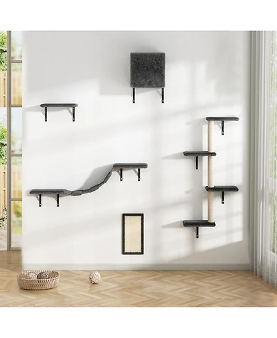 Aostirmotor 5 Pcs Wall Mounted Cat Tree Furniture with Scratching Board in Grey