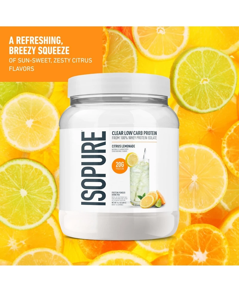 Isopure Clear Low Carb 100% Whey Protein Isolate Powder, Citrus Lemonade, 20g Protein, About 16 Servings
